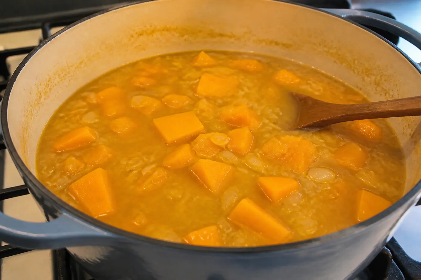 Pumpkin chunks simmering with onion and garlic in broth for stovetop pumpkin soup