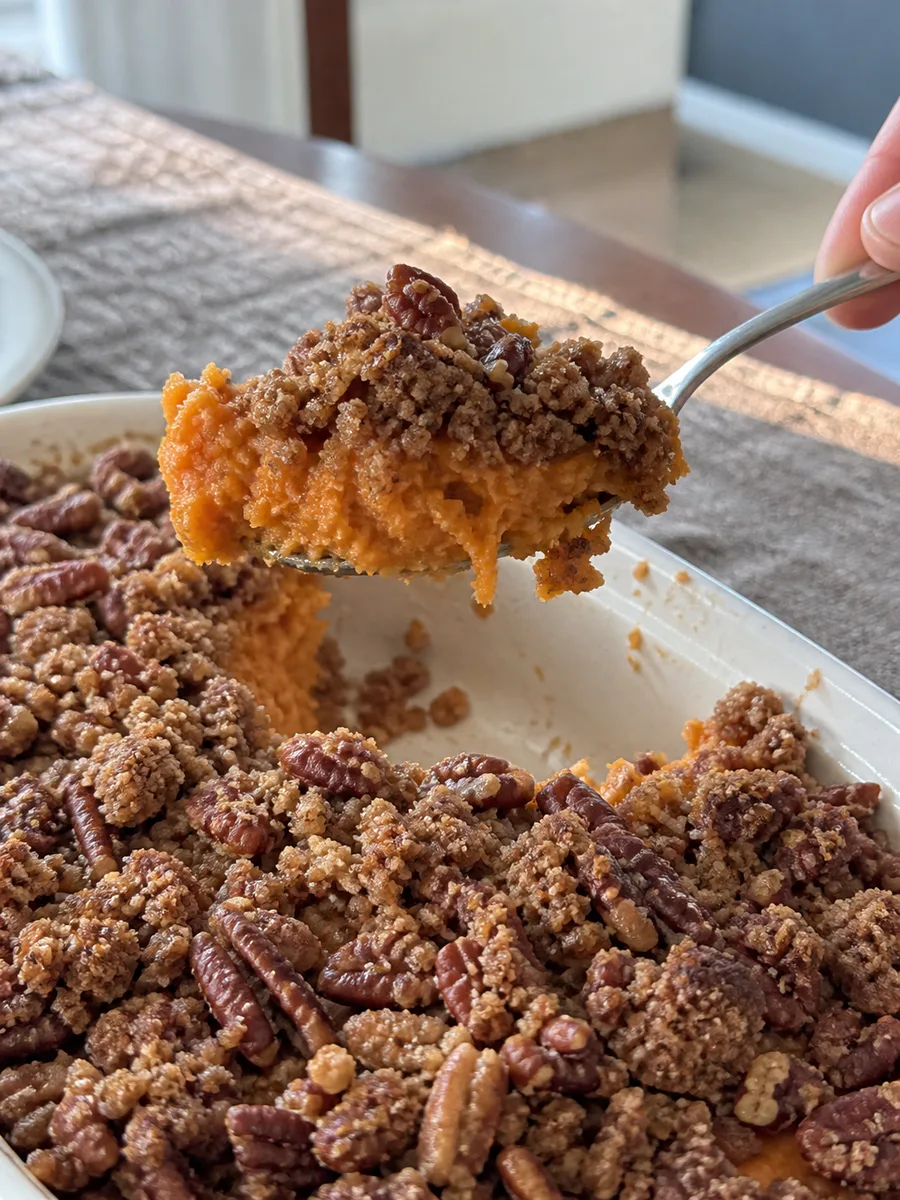 A serving spoon lifts creamy sweet potato casserole beneath a crisp pecan streusel