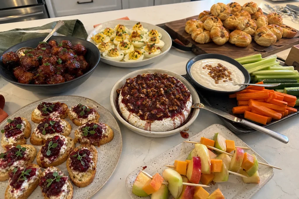 Thanksgiving appetizer spread with baked brie, meatballs, deviled eggs, puff pastry bites, dip, vegetables, and cranberry crostini