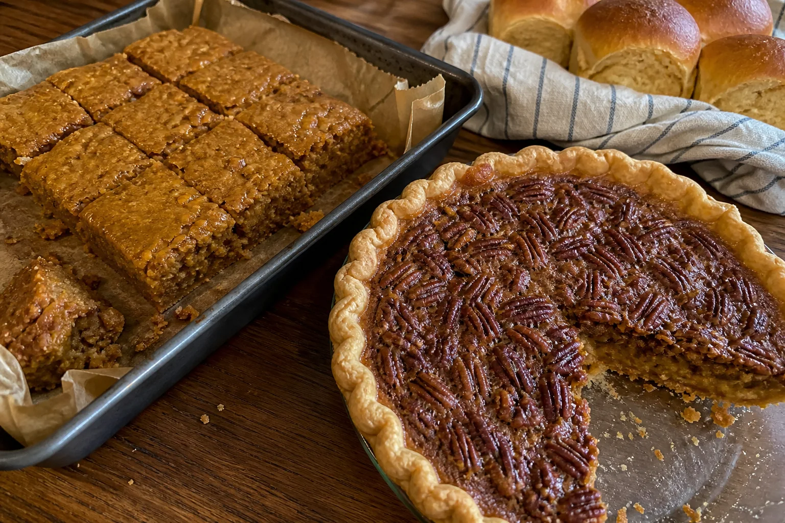 Pumpkin spice bars, pecan pie, and dinner rolls on a casual home Thanksgiving dessert table.