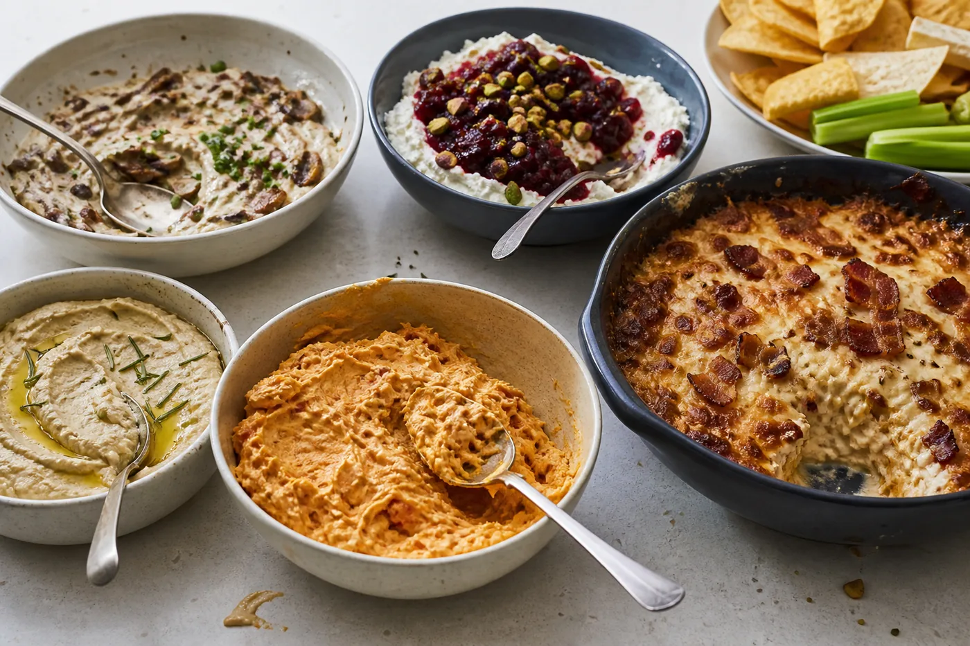 Caramelized onion dip, cranberry whipped feta, hot bacon Swiss dip, buffalo chicken dip, and white bean rosemary dip