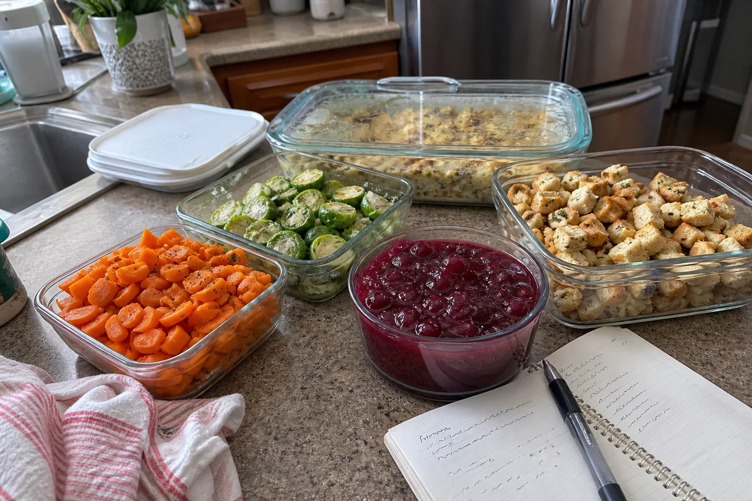 Glass containers of Thanksgiving vegetables, cranberry sauce, bread cubes, and casserole components prepared in a home kitchen.