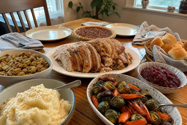 Thanksgiving table with sliced turkey, mashed potatoes, stuffing, roasted vegetables, cranberry sauce, rolls, and pecan pie.