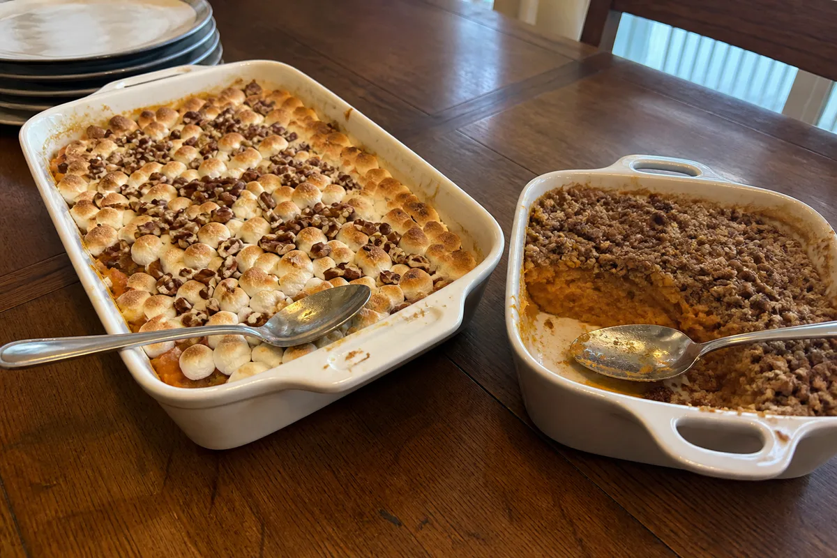 Two Thanksgiving sweet potato casseroles with marshmallow-pecan and brown sugar-pecan toppings
