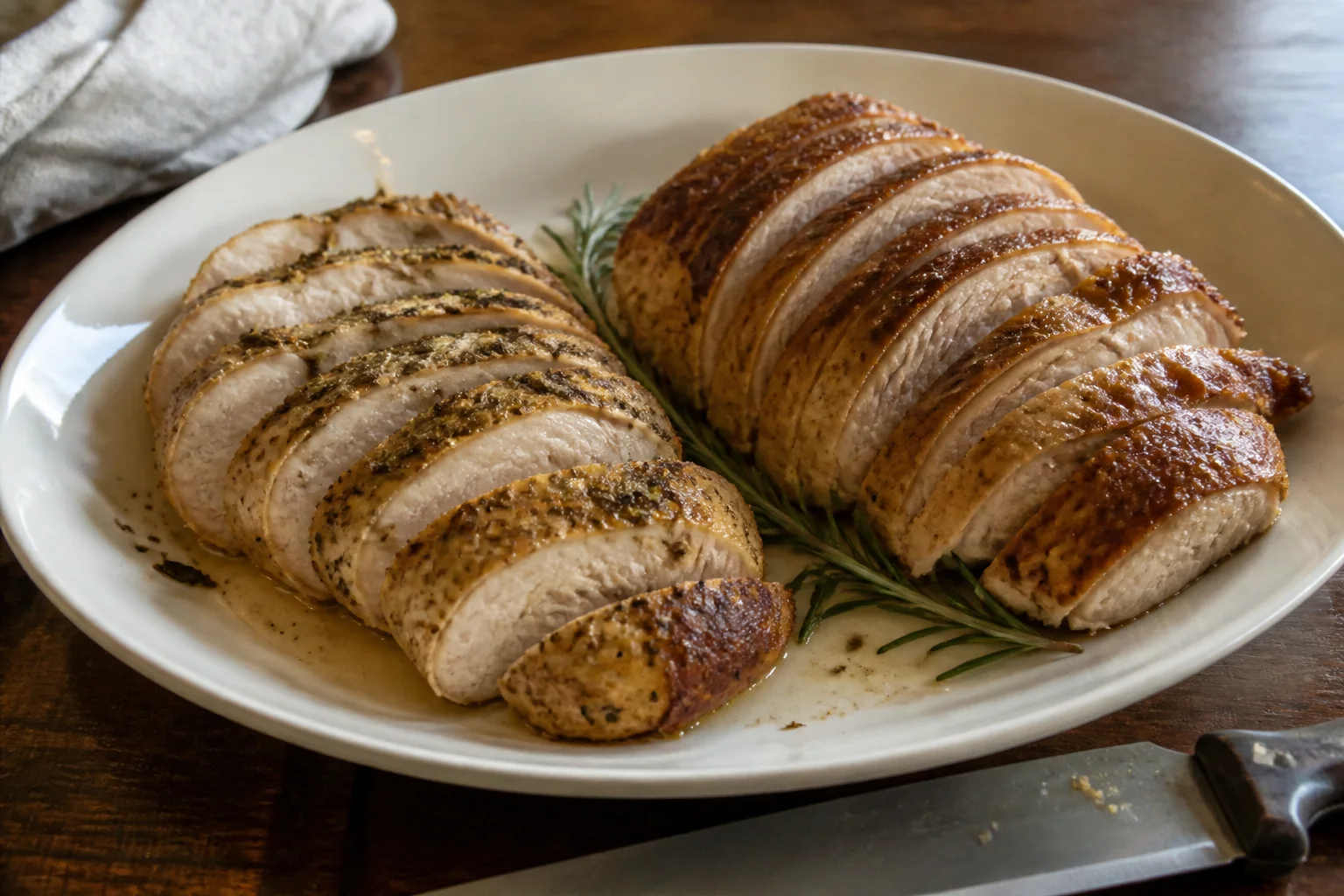 Sliced herb-roasted turkey tenderloin and roast turkey portions on a simple platter.