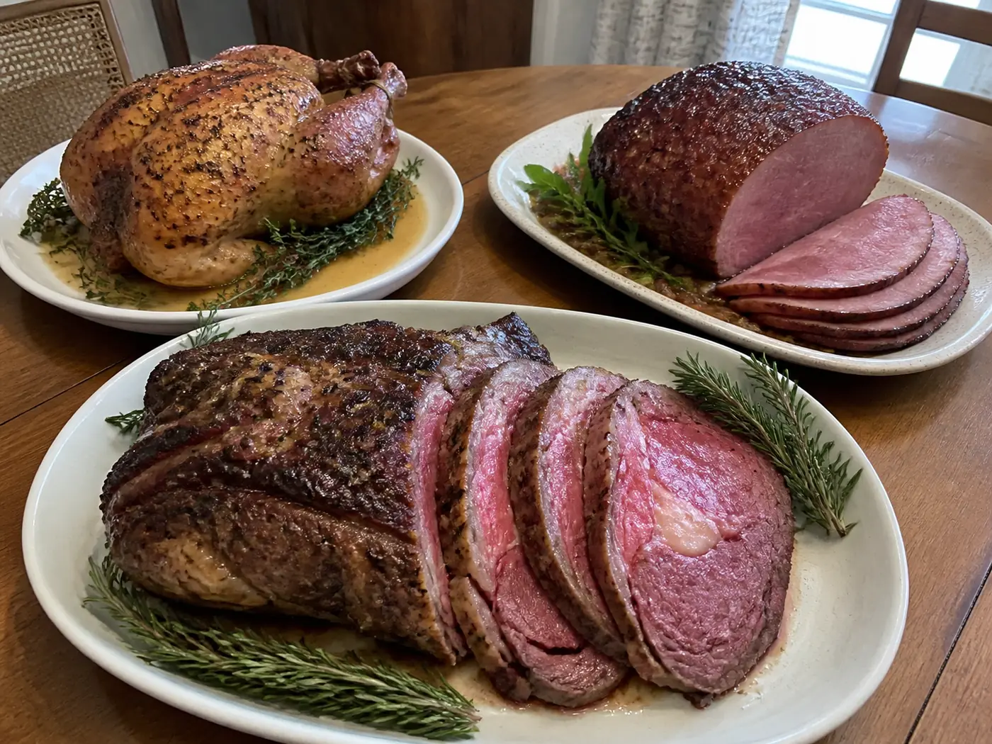 Prime rib, glazed ham, and herb-roasted chicken served as traditional holiday dinner main dishes