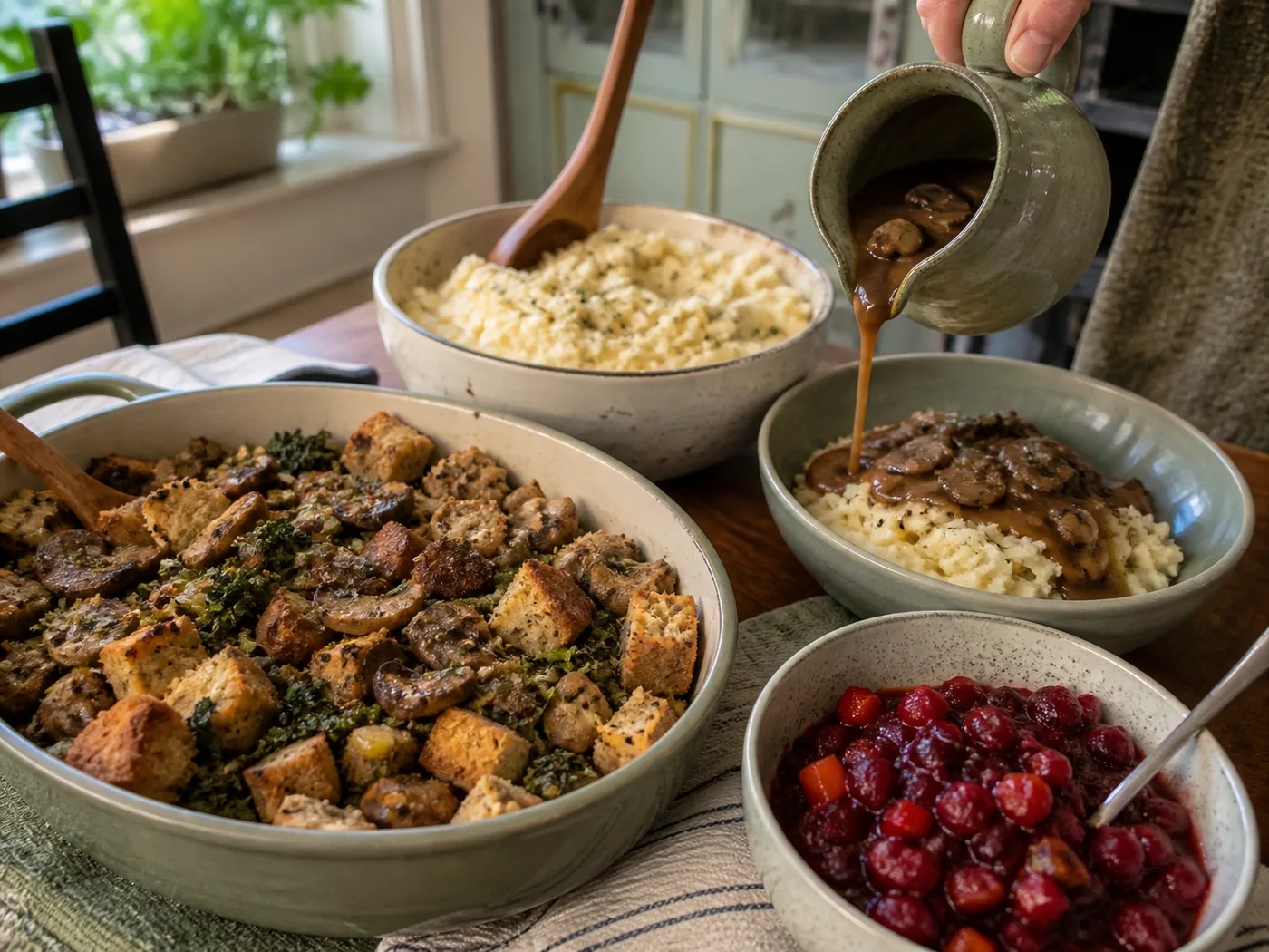 Vegan mashed potatoes, mushroom gravy, cranberry sauce, and Thanksgiving stuffing in serving bowls