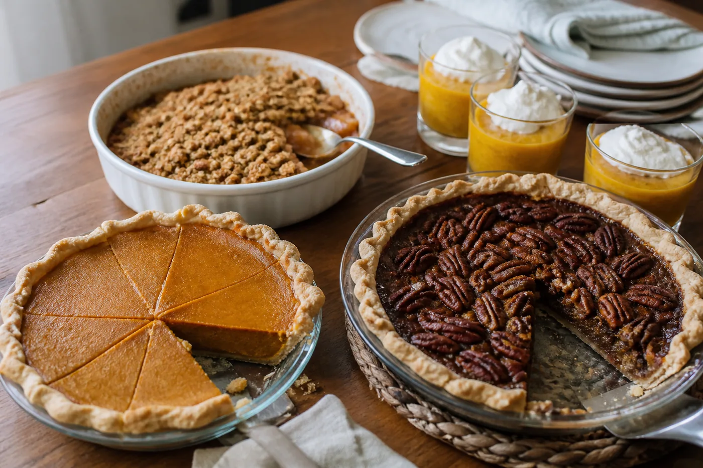 Vegan pumpkin pie, apple crumble, pumpkin pudding, and chocolate pecan pie on a Thanksgiving dessert table