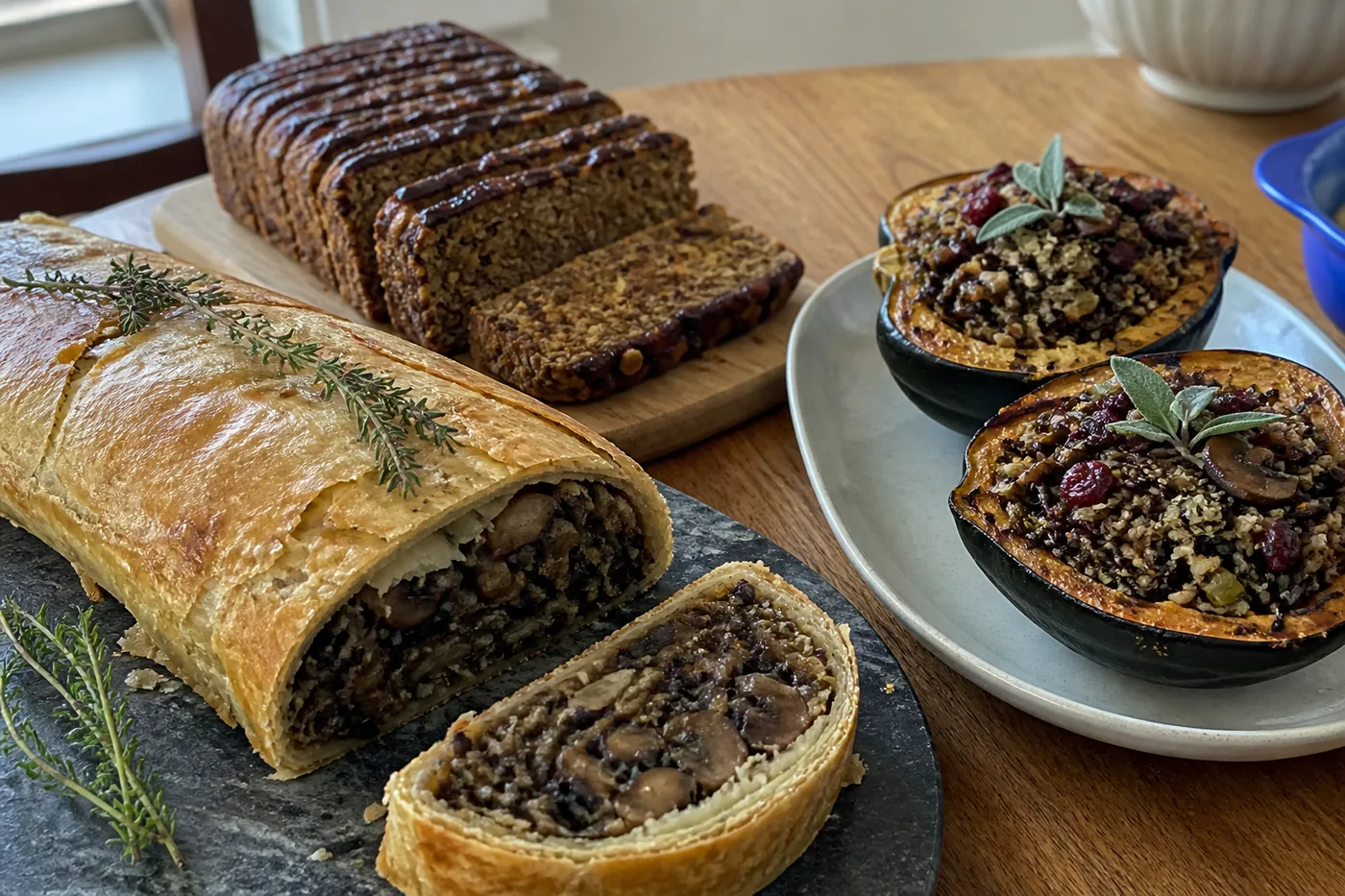 Mushroom Wellington, lentil loaf, and wild rice stuffed acorn squash for a vegan Thanksgiving main dish