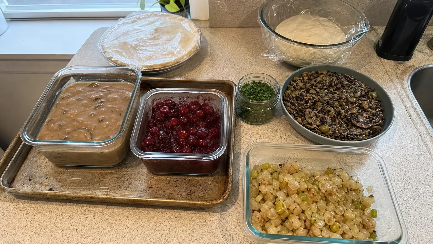 Vegan Thanksgiving dishes organized in glass containers for make-ahead holiday meal prep