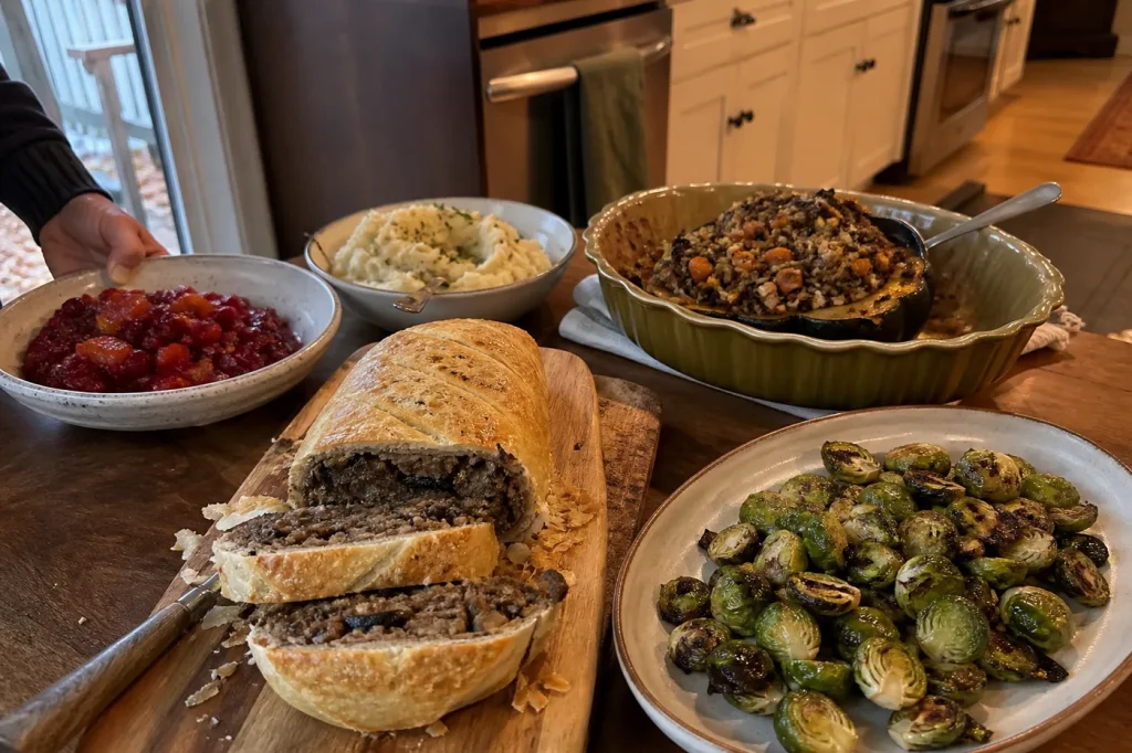 Vegan Thanksgiving dinner with mushroom Wellington, stuffed squash, mashed potatoes, Brussels sprouts, and cranberry sauce