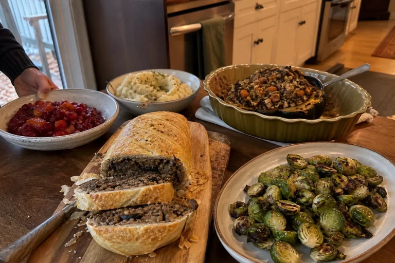 Vegan Thanksgiving dinner with mushroom Wellington, stuffed squash, mashed potatoes, Brussels sprouts, and cranberry sauce