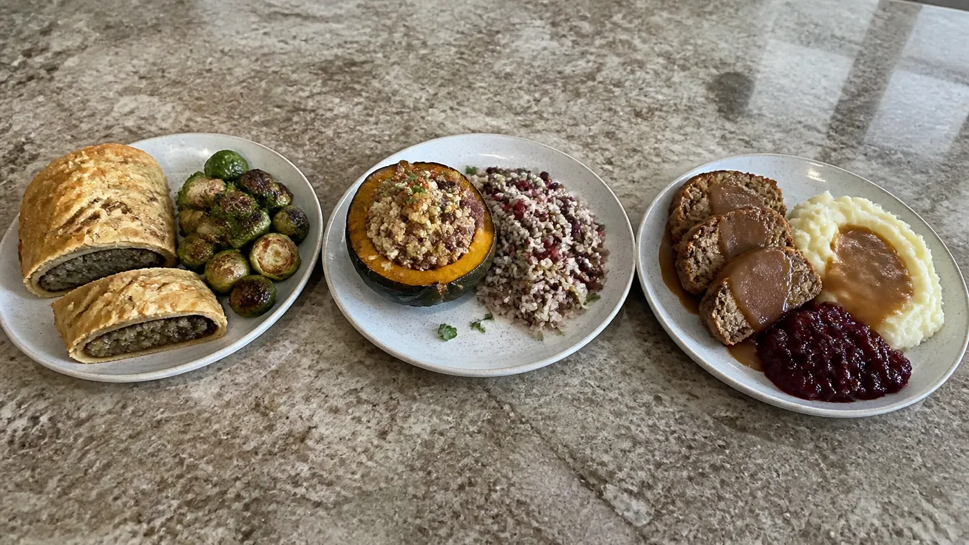 Three vegan Thanksgiving menu plates with plant-based mains, sides, vegetables, and cranberry sauce