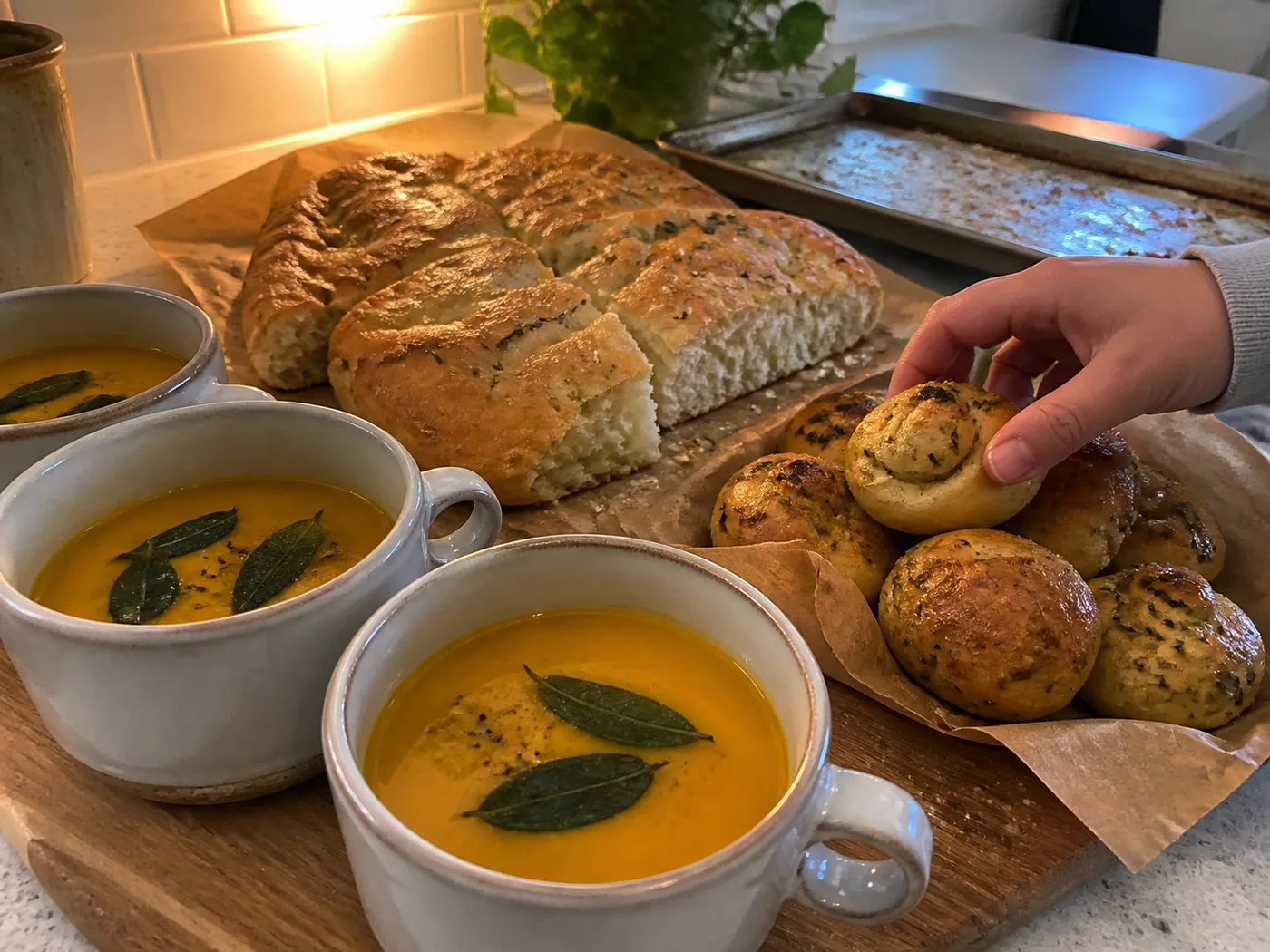 Butternut squash soup with vegan focaccia and garlic knots for Thanksgiving
