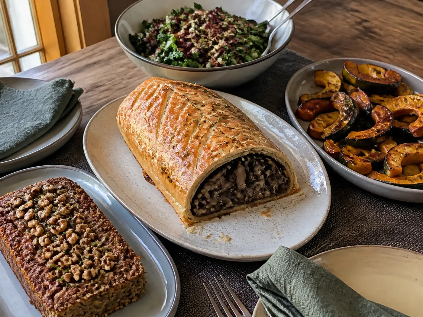 Mushroom Wellington, roasted squash, lentil loaf, and winter salad on a vegetarian holiday table