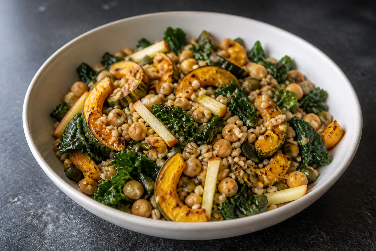 Delicata squash, kale, farro, apple, and pepita salad in a large serving bowl.