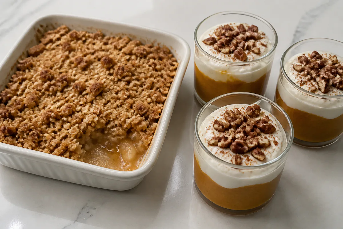 Warm apple crumble and small pumpkin pudding parfaits with toasted pecans.