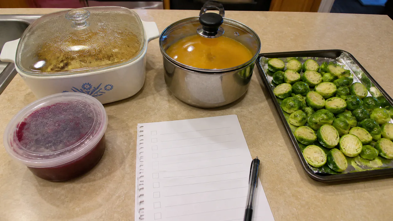 Vegetarian Thanksgiving dishes arranged on a kitchen counter for make-ahead menu planning.