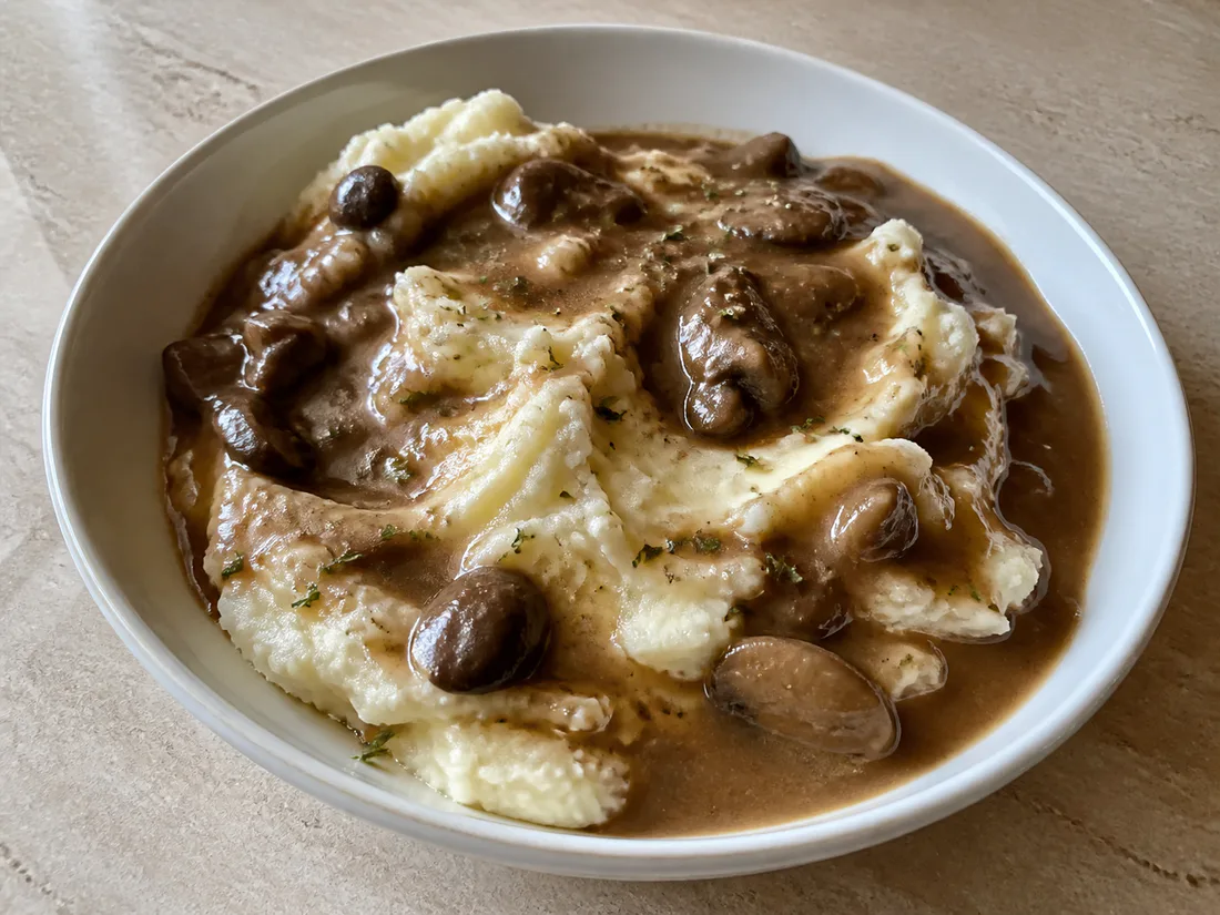 Roasted garlic mashed potatoes topped with vegetarian mushroom gravy and fresh thyme.