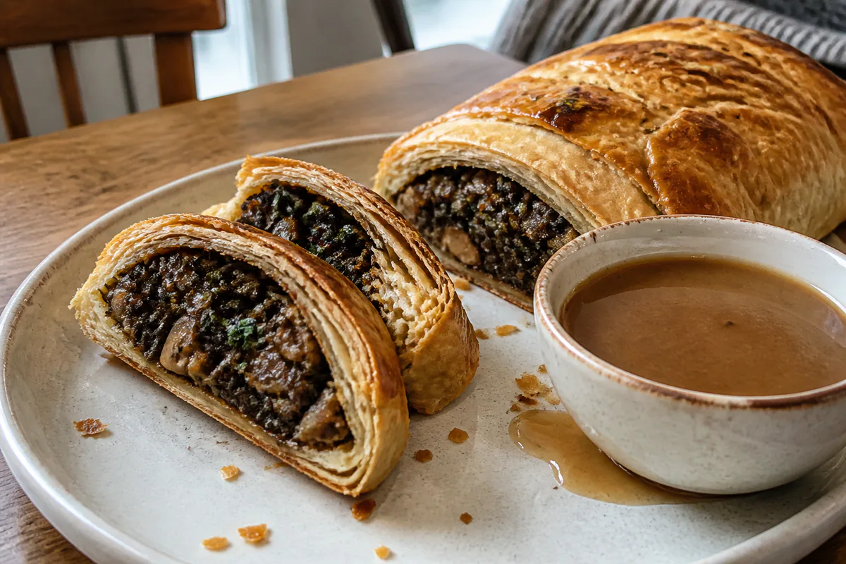 Sliced mushroom Wellington with flaky pastry and a small bowl of mushroom gravy.