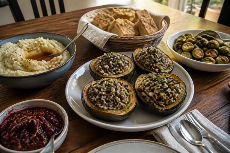 Vegetarian Thanksgiving dinner table with stuffed squash, mashed potatoes, roasted vegetables, cranberry sauce, and bread.