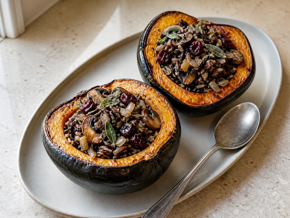 Wild rice and mushroom stuffed acorn squash on a Thanksgiving serving platter.