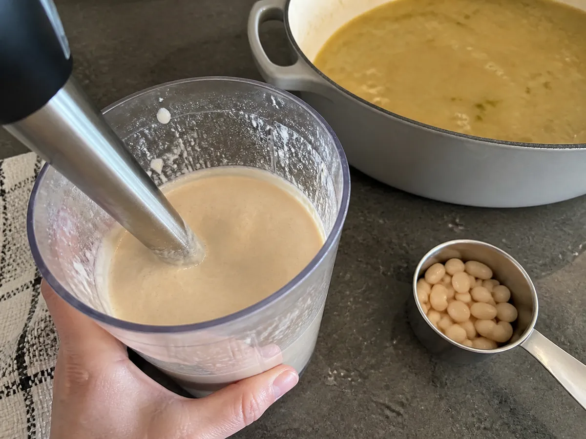 One cup of white beans blended with hot chicken broth to thicken white chicken chili