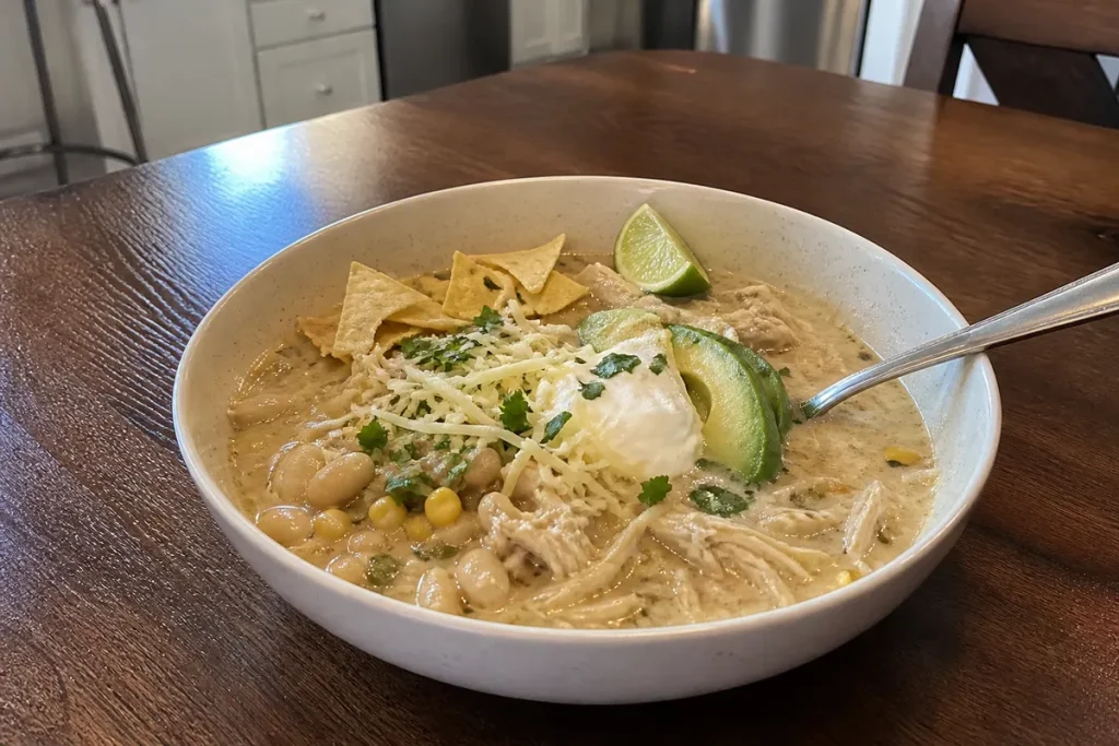 Creamy white chicken chili with white beans, corn, green chiles, avocado, cilantro, and tortilla strips