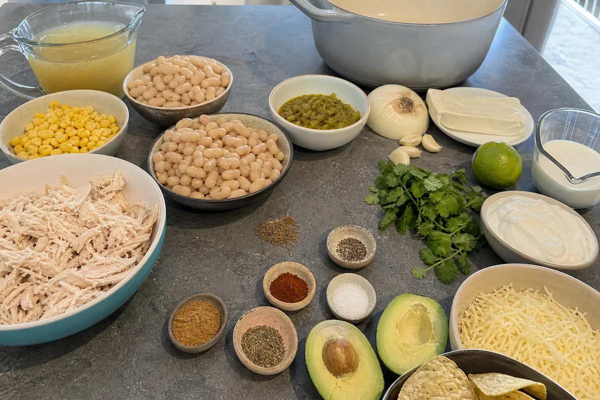 White chicken chili ingredients including shredded chicken, white beans, green chiles, corn, broth, onion, garlic, lime, and spices