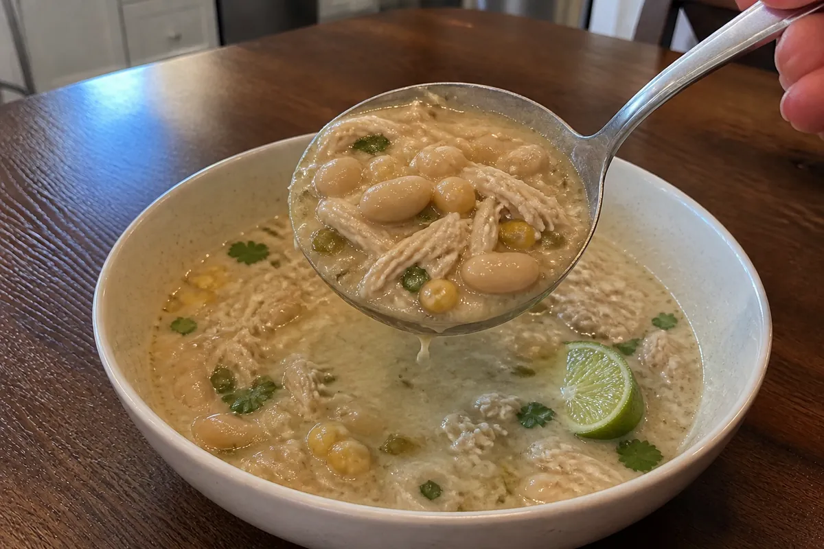 Ladle lifting thick white chicken chili with shredded chicken, white beans, and corn from a Dutch oven