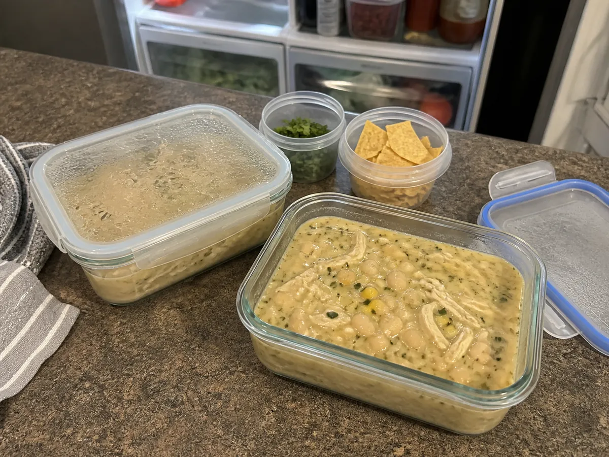 Leftover white chicken chili portioned into shallow glass containers for refrigeration