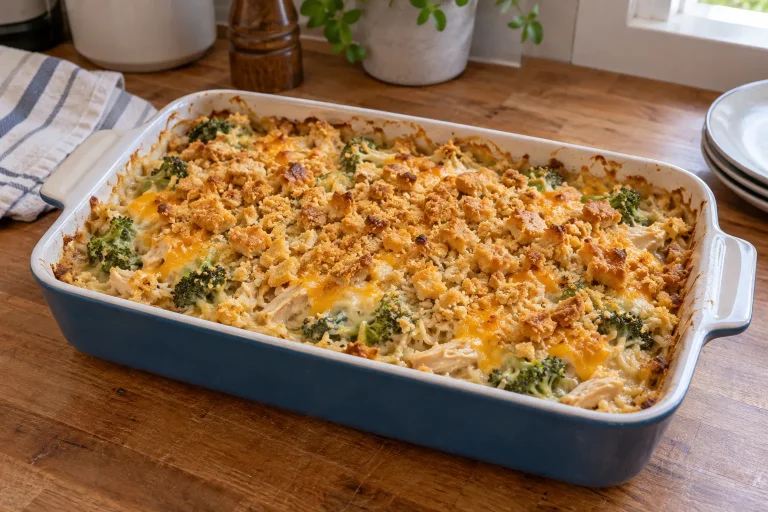 Broccoli chicken and rice casserole with a golden cheddar and cracker topping in a rectangular baking dish.