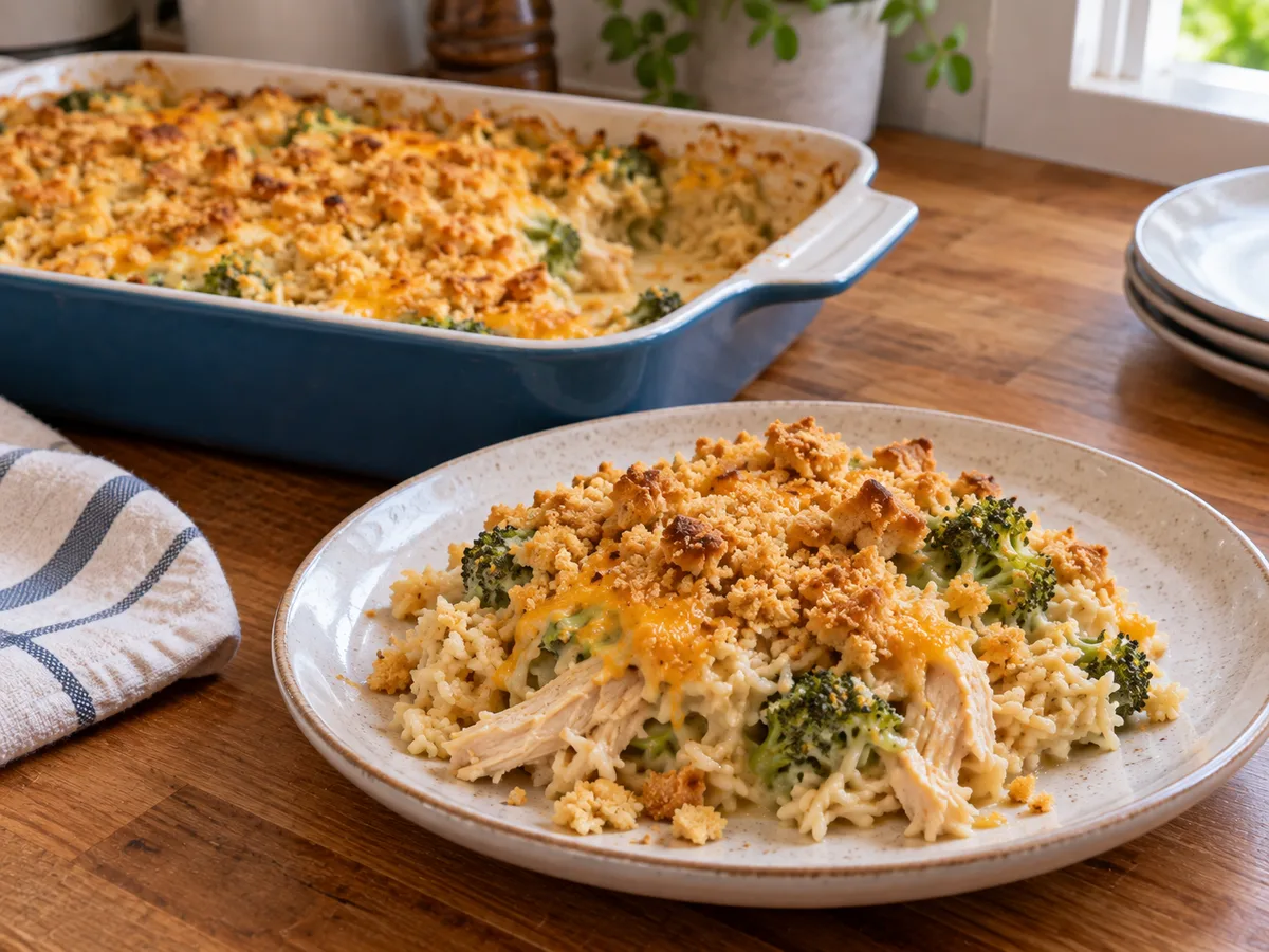A serving of broccoli chicken rice casserole showing the creamy filling and crumb topping.