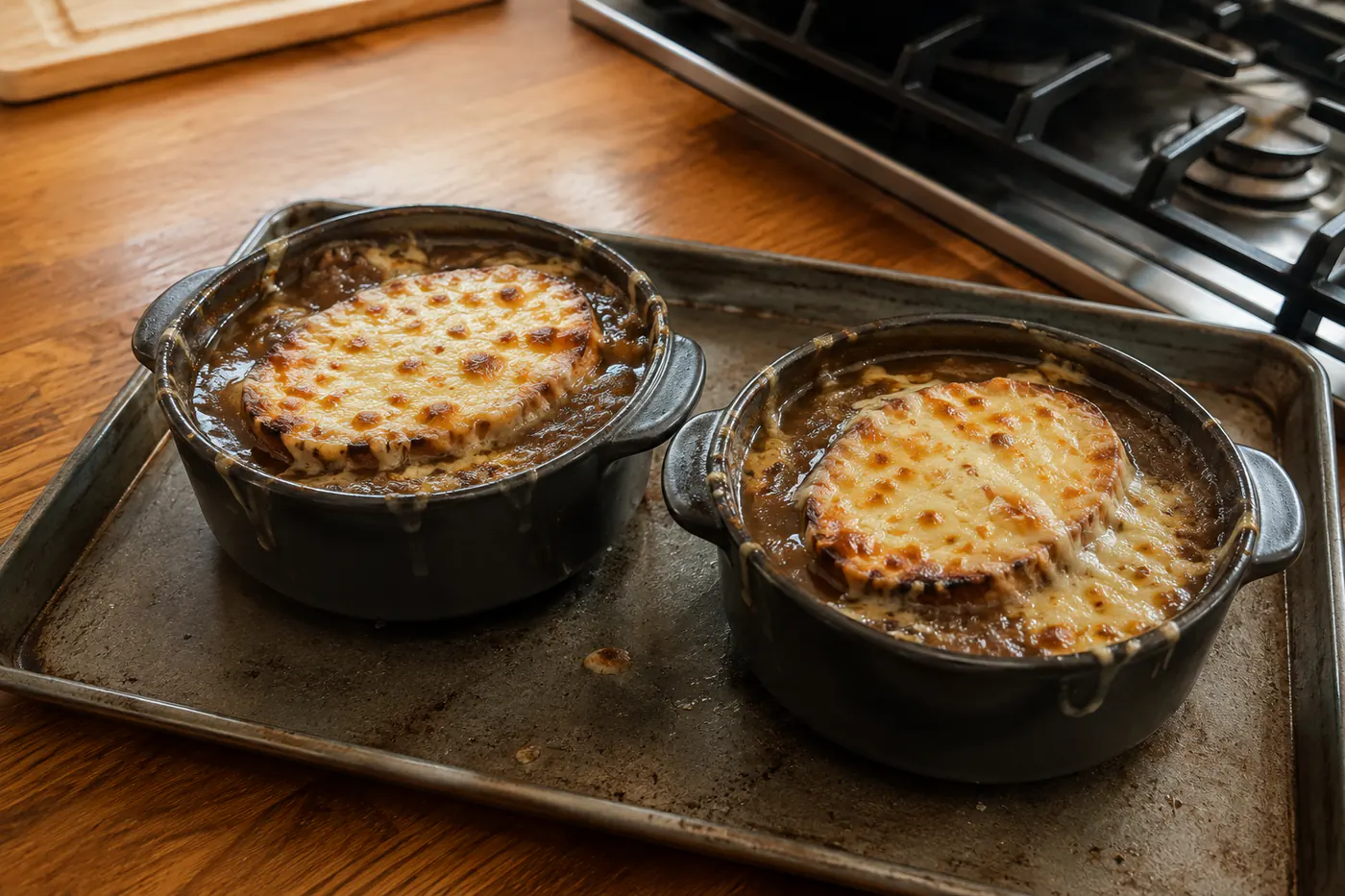 Two broiled French onion soup bowls topped with toasted bread and browned Gruyère