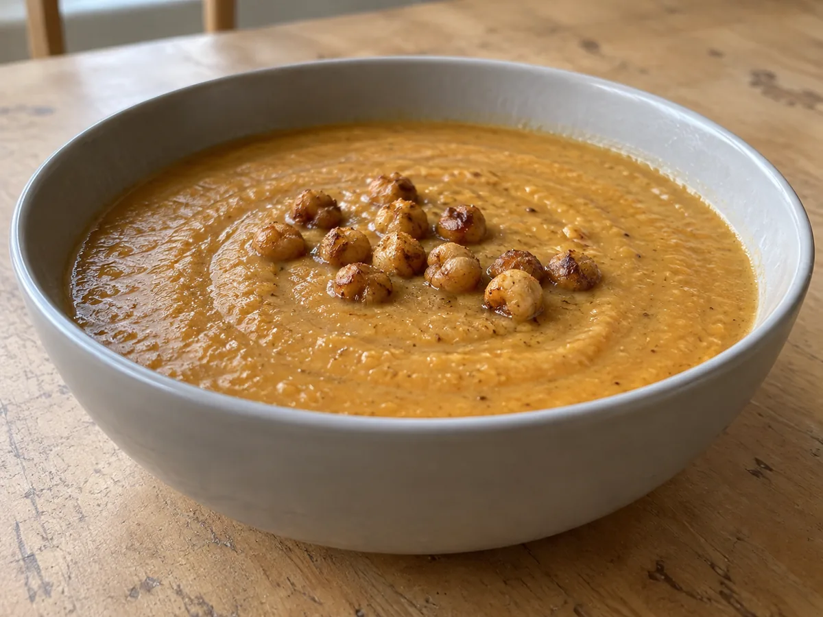 Blended chickpea soup topped with crispy chickpeas in a shallow gray bowl.
