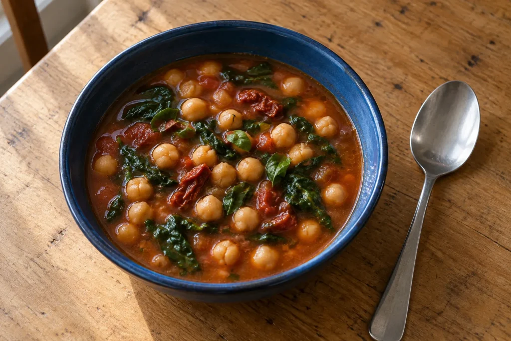 Chickpea soup with spinach and sun-dried tomatoes in a blue enamel bowl.