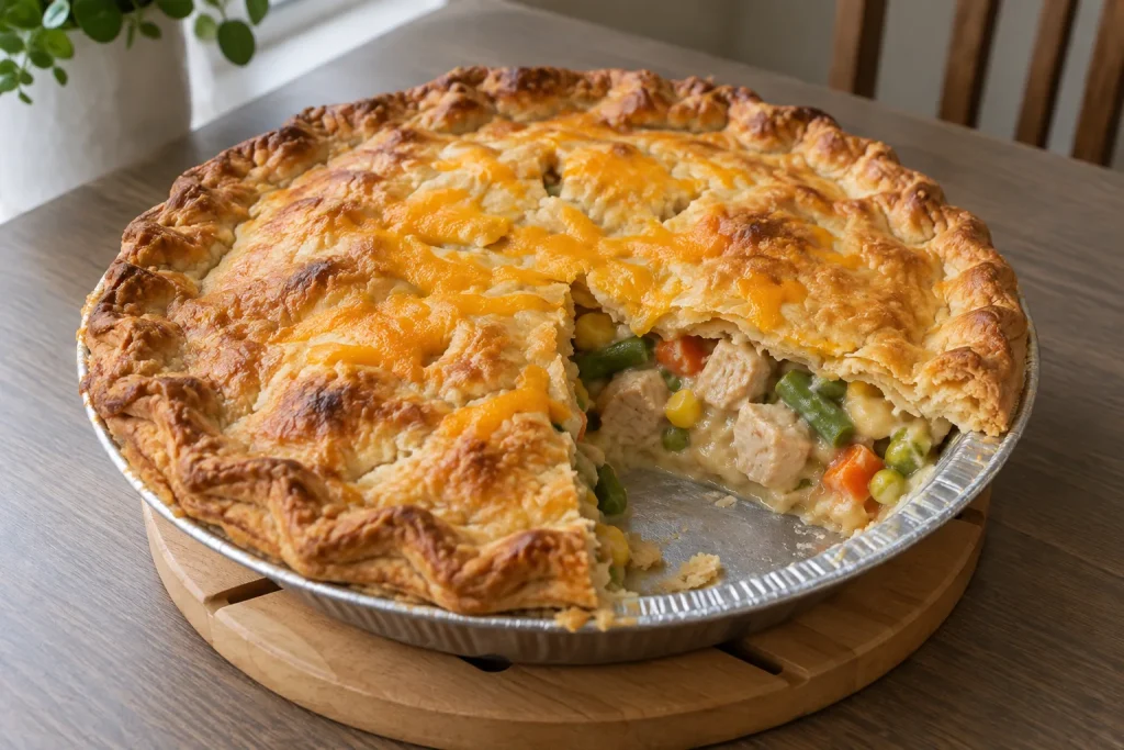 Double-crust chicken pot pie with mixed vegetables and creamy filling in a round pie pan.