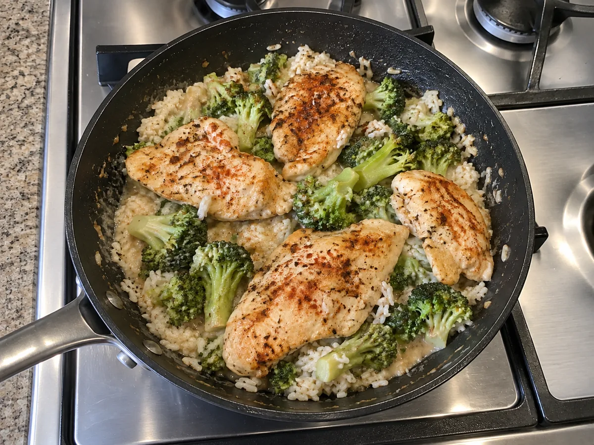 Chicken breasts, rice and broccoli in a creamy sauce in a black skillet.