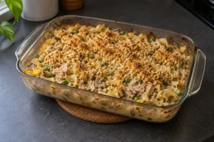 Tuna noodle casserole with peas and a breadcrumb topping in a glass baking dish.
