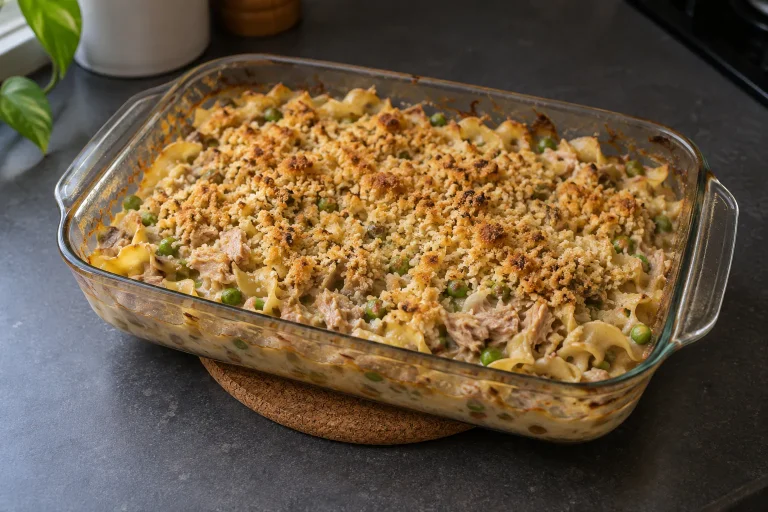 Tuna noodle casserole with peas and a breadcrumb topping in a glass baking dish.