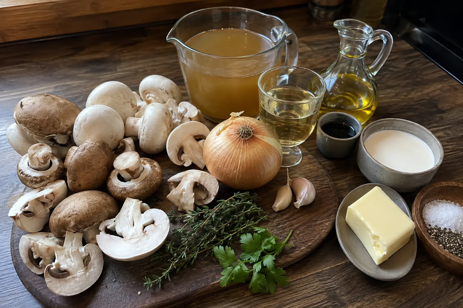 White button and cremini mushrooms, onion, garlic, thyme, broth, white wine, tamari, cream, olive oil, and butter for mushroom soup.