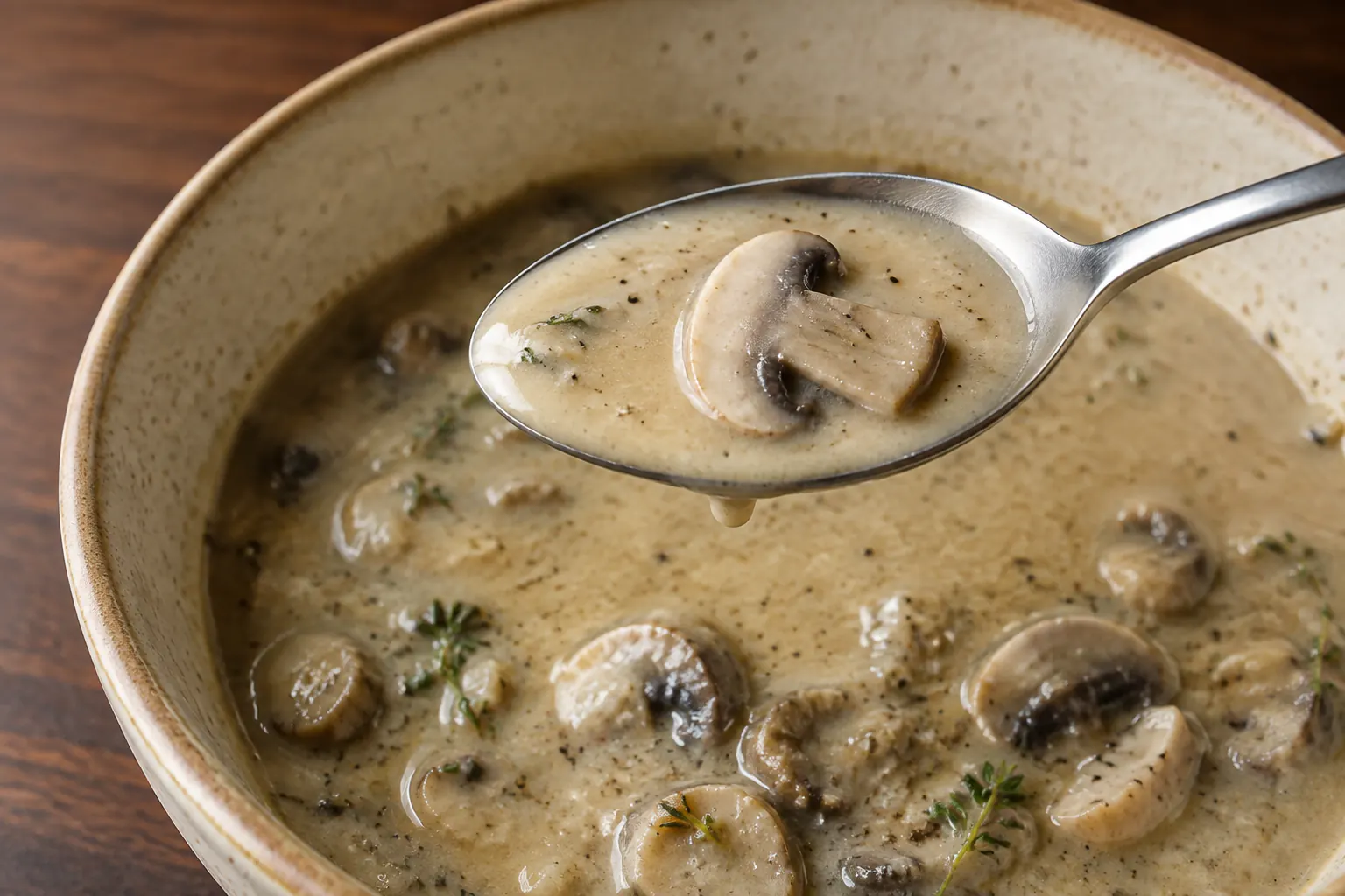 A spoonful of creamy mushroom soup showing a silky broth and tender mushroom pieces.