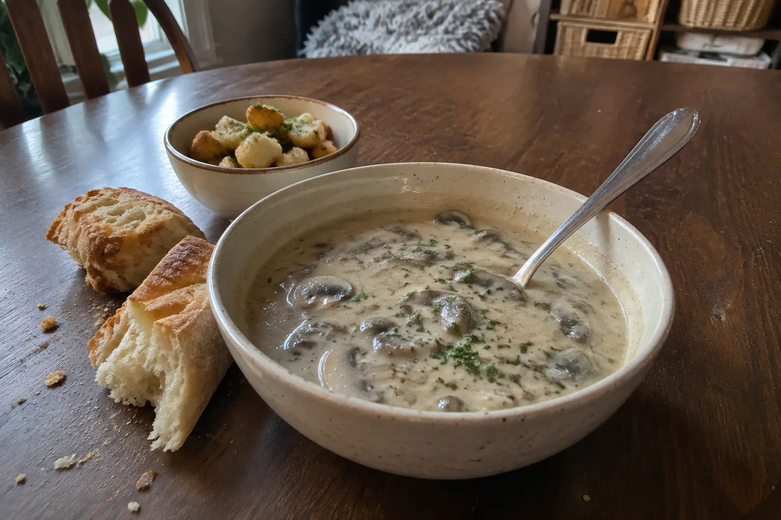 Creamy mushroom soup served with torn crusty bread and a simple parsley garnish on a home table.