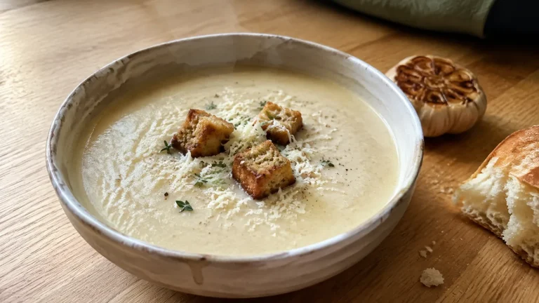 Creamy roasted garlic soup with potatoes topped with Parmesan, thyme, and croutons in a stoneware bowl.