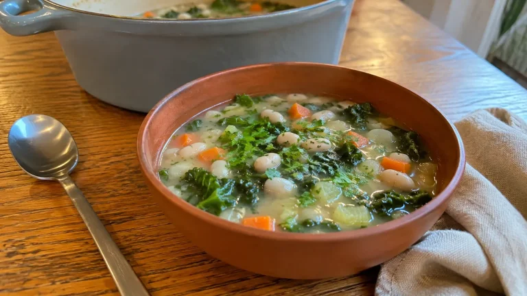 Creamy white bean and kale soup with carrots, celery, herbs, and whole cannellini beans in a terracotta bowl.