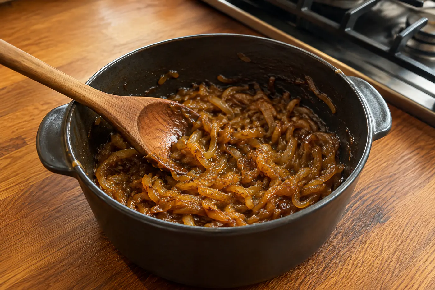 Deep golden caramelized onions in a Dutch oven after slow cooking