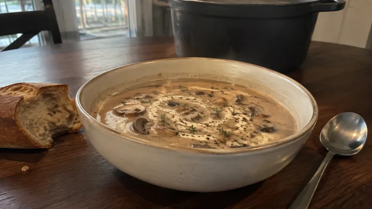 Creamy mushroom soup with sliced cremini and white button mushrooms, thyme, and a light cream swirl.