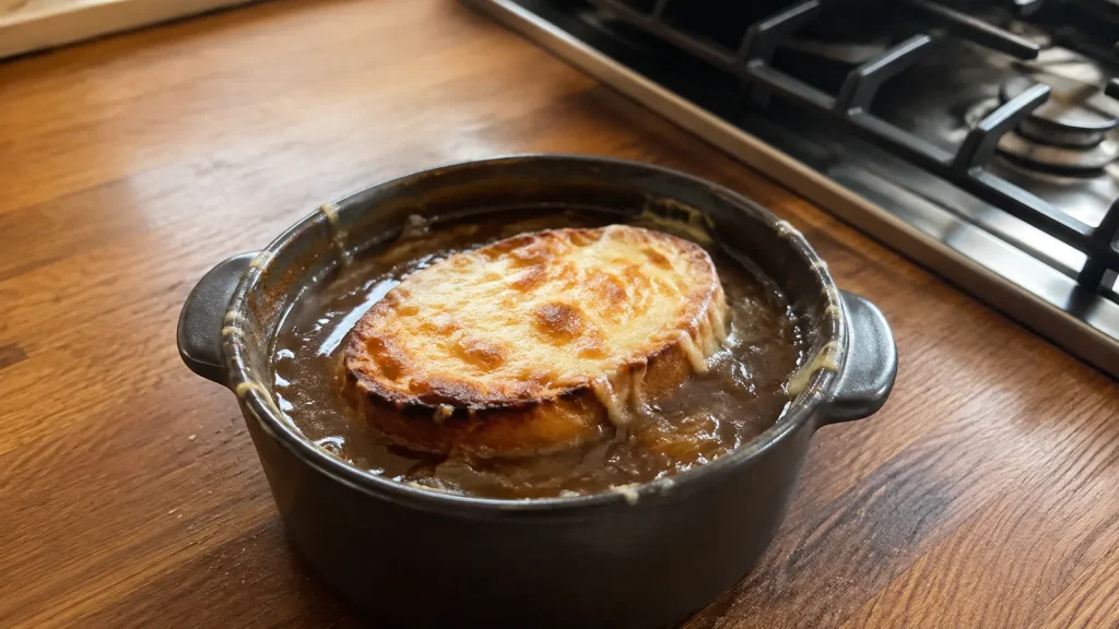 French onion soup topped with toasted baguette and broiled Gruyère in a dark crock