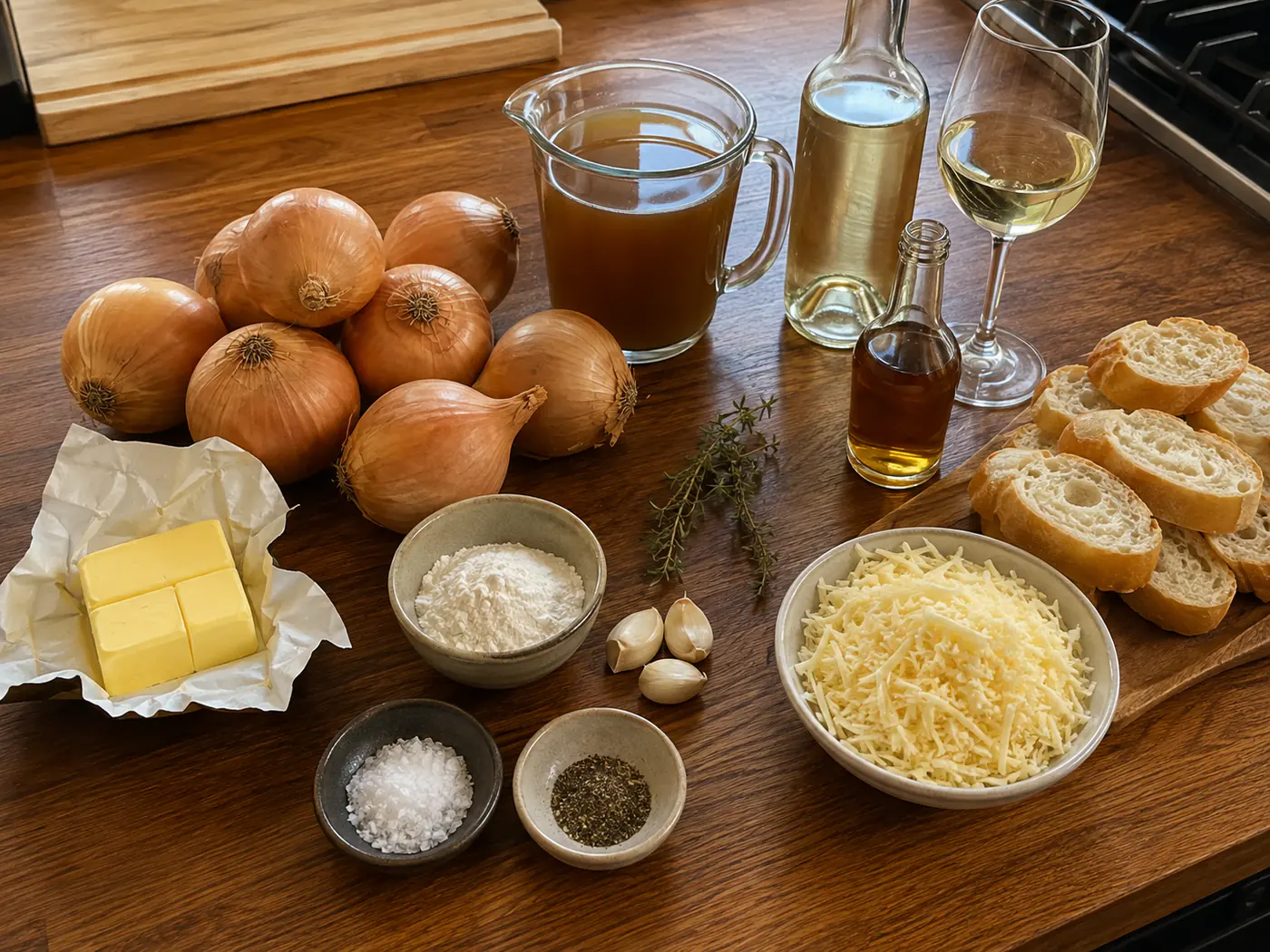 Ingredients for French onion soup including yellow onions, beef stock, bread, Gruyère, wine, butter, garlic, thyme, salt and pepper