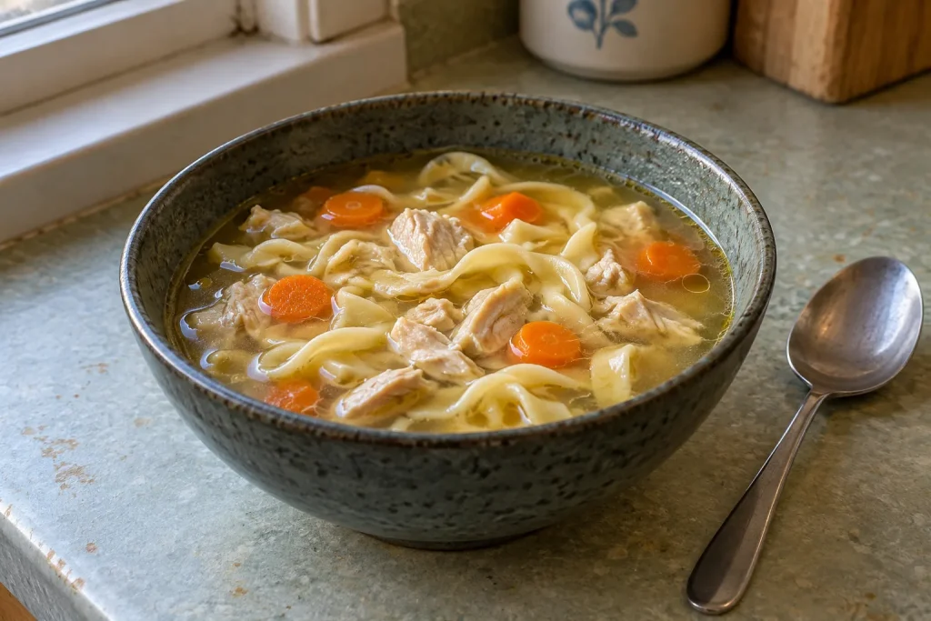 Chicken noodle soup with carrot pieces in a dark speckled bowl.